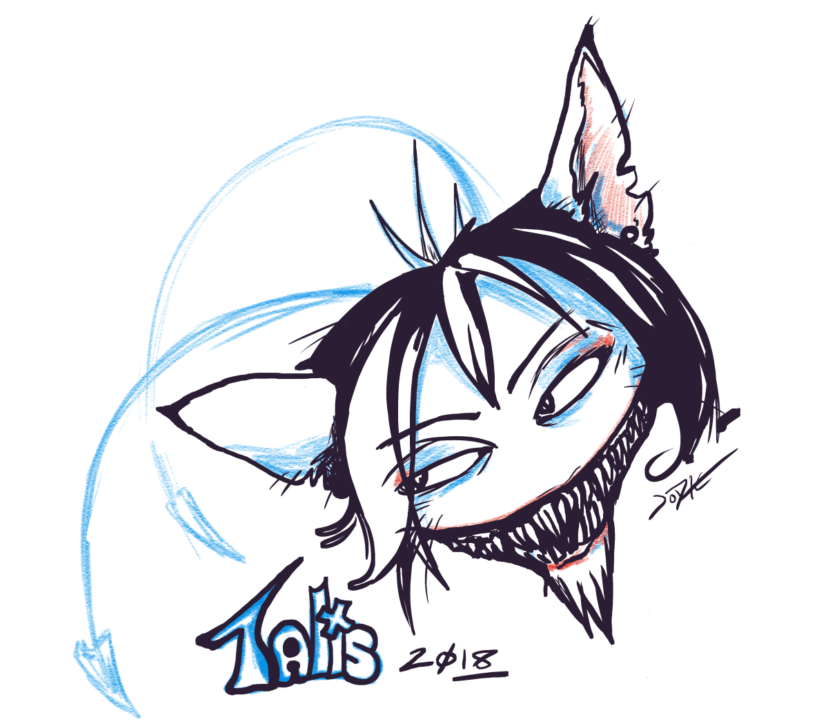 A sketch of Talis the Aisha; looks kinda like a cat with four ears, pointy teeth, and emo hair.